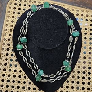 Intricate Green and Silver Necklace with Celtic Design